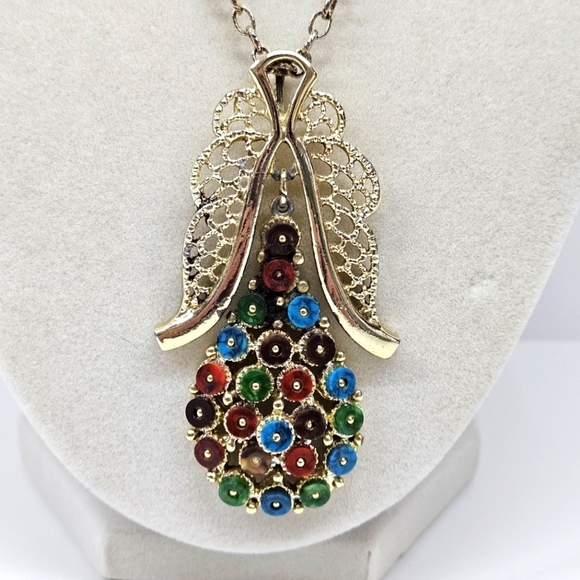 VINTAGE Unique Multicolor Pear Shaped Large Gold Tone Pendant Necklace - Picture 1 of 7